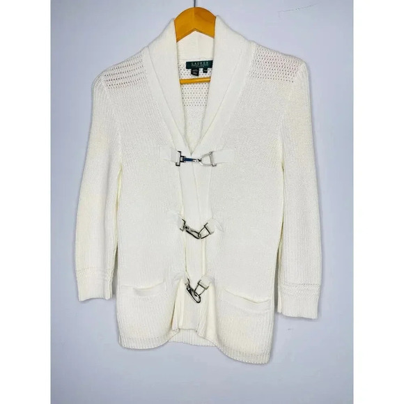 Lauren Ralph Lauren Cotton Shawl Collar Knit Sweater Cardigan size PM White - Picture 7 of 10